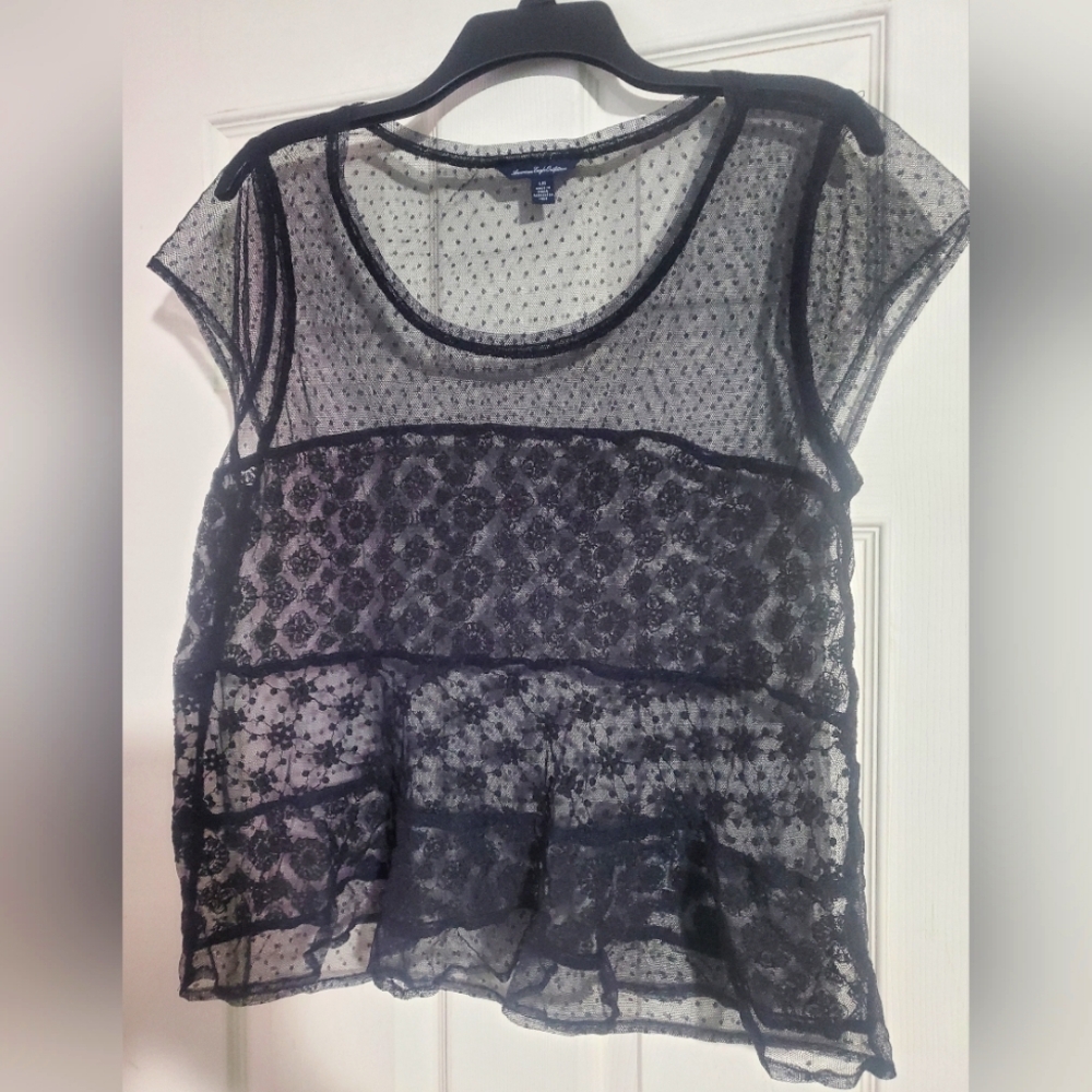 American Eagle Outfitters Black Lace Short Sleeved Blouse